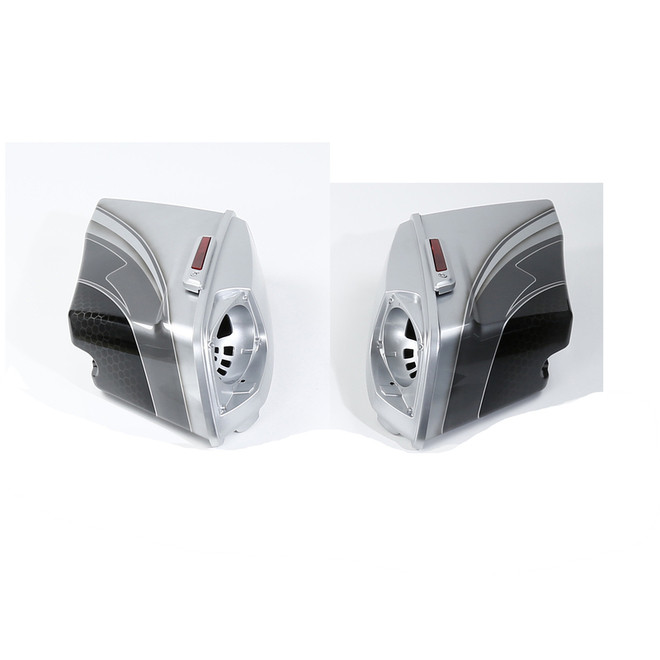 HR3 Silver / Black Honeycomb Fade CVO Stretched Saddlebags with Speaker Lids For 14-23 Harley Touring