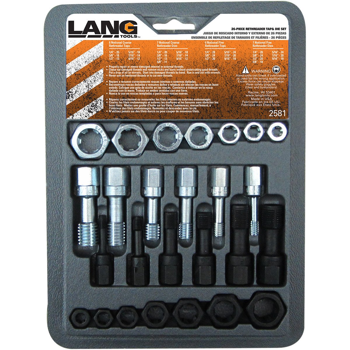 Lang Tools #2581 - Thread Restorer - Tap/Die - Fine/Coarse Thread - SAE - 26-Piece