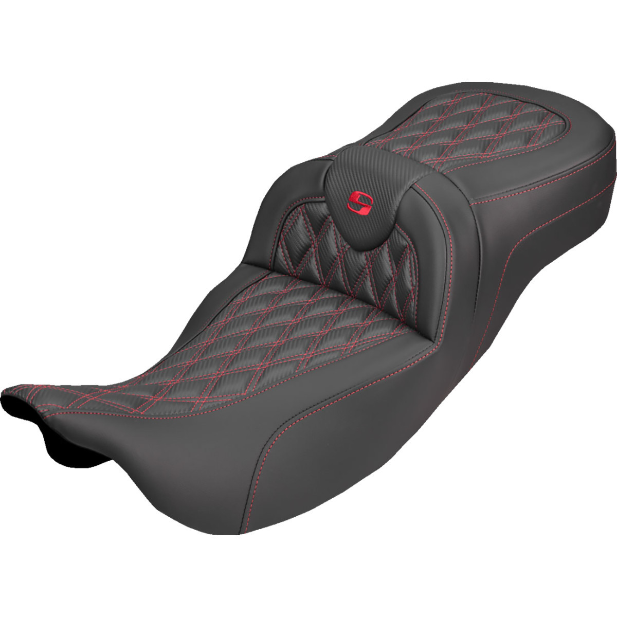 Saddlemen #808-07B-20704 - Extended Reach Roadsofa™ Carbon Fiber Seat - Lattice - Red Stitch - Without Backrest - FL '08-'25