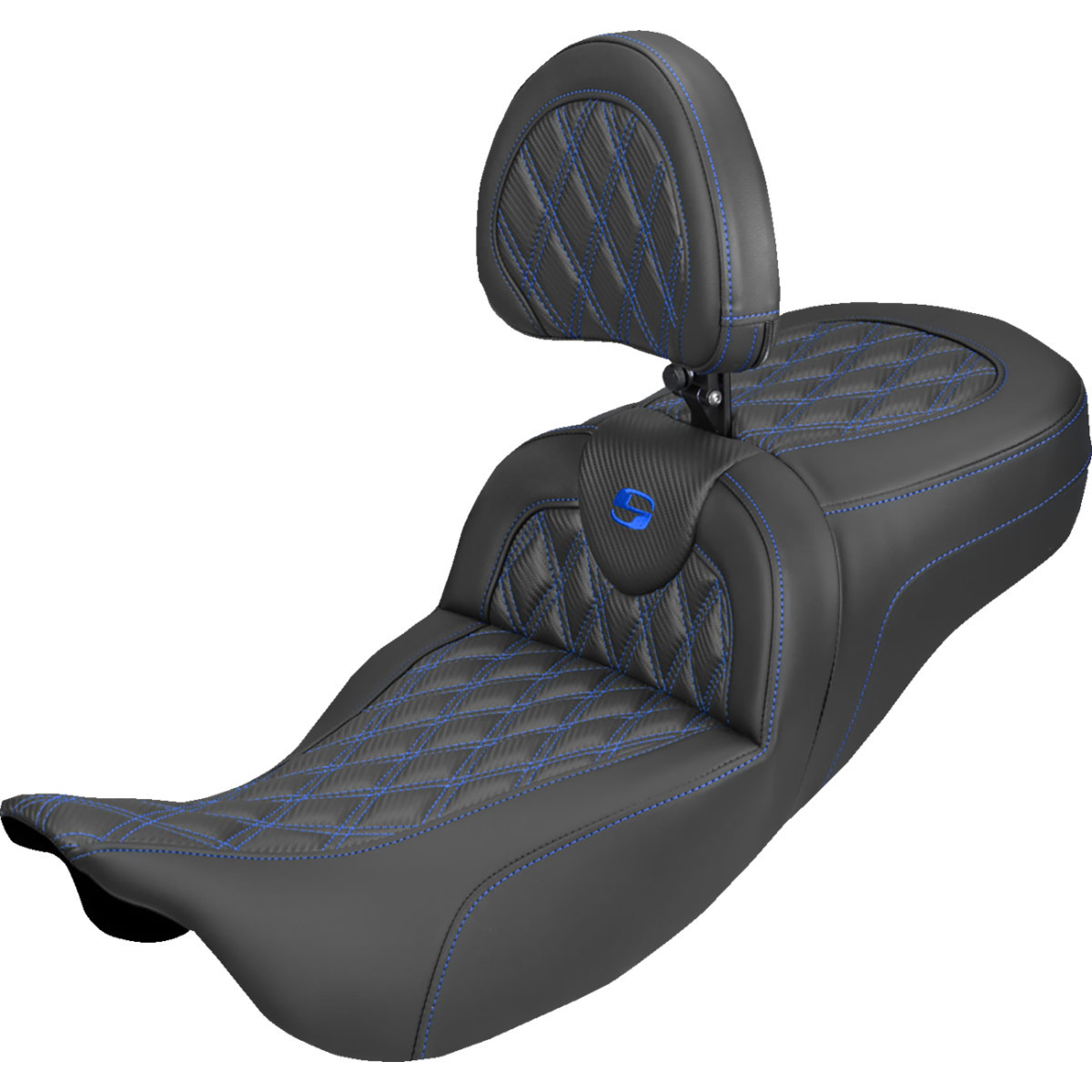Saddlemen #808-07B-207B1 - Extended Reach Roadsofa™ Carbon Fiber Seat - Lattice - Blue Stitch - With Backrest - FL '08-'25