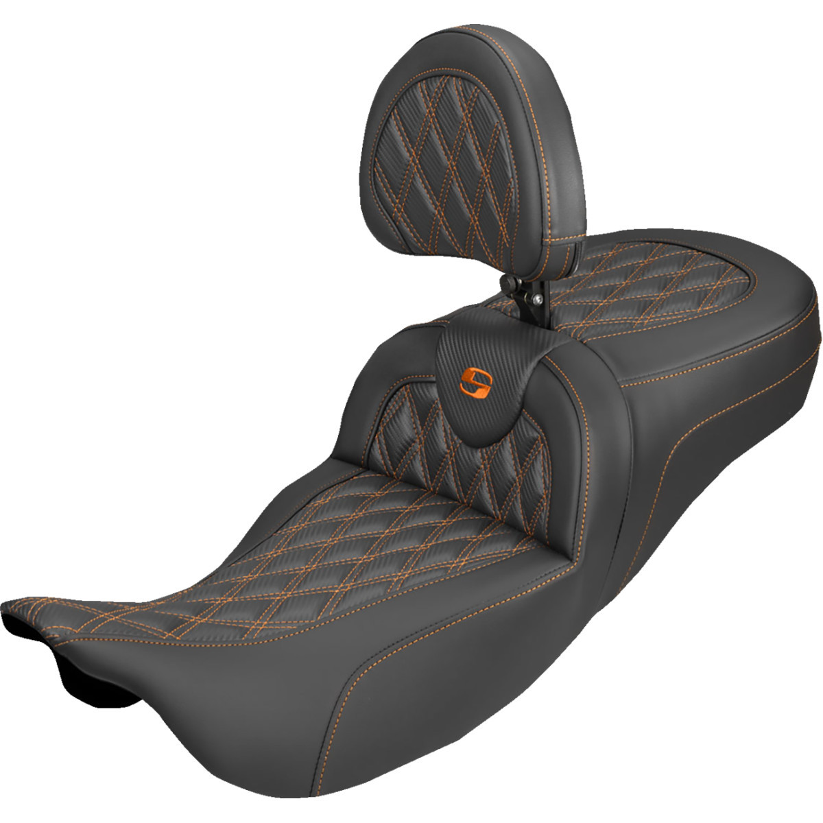 Saddlemen #808-07B-207B3 - Extended Reach Roadsofa™ Carbon Fiber Seat - Lattice - Orange Stitch - With Backrest - FL '08-'25