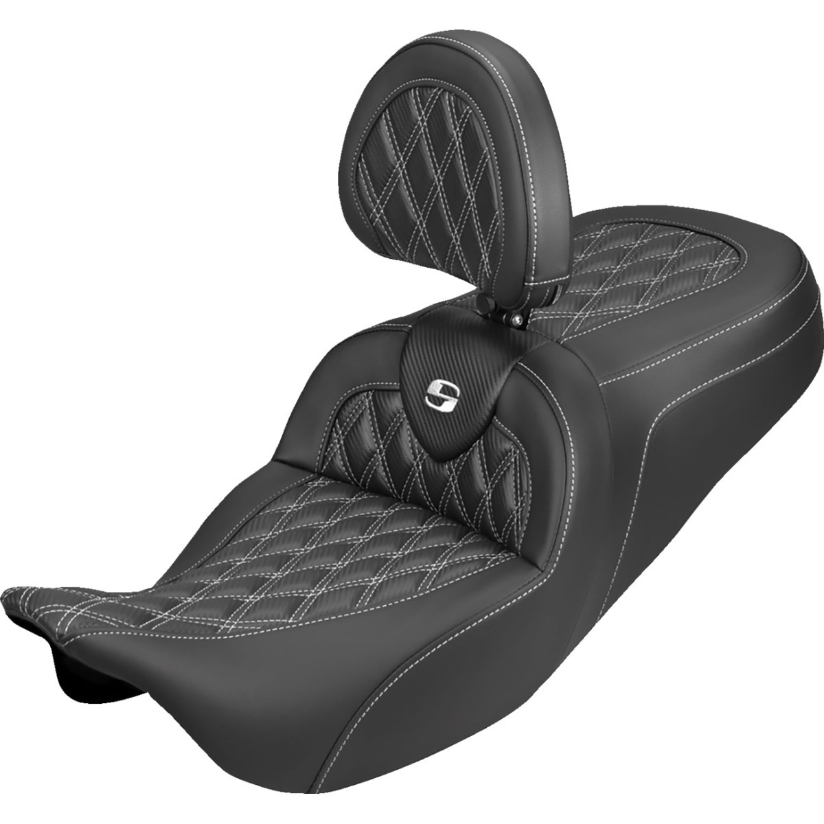 Saddlemen #808-07B-206B6 - Roadsofa™ Carbon Fiber Seat - Lattice - White Stitch - With Backrest - FLH/FLT '08-'25
