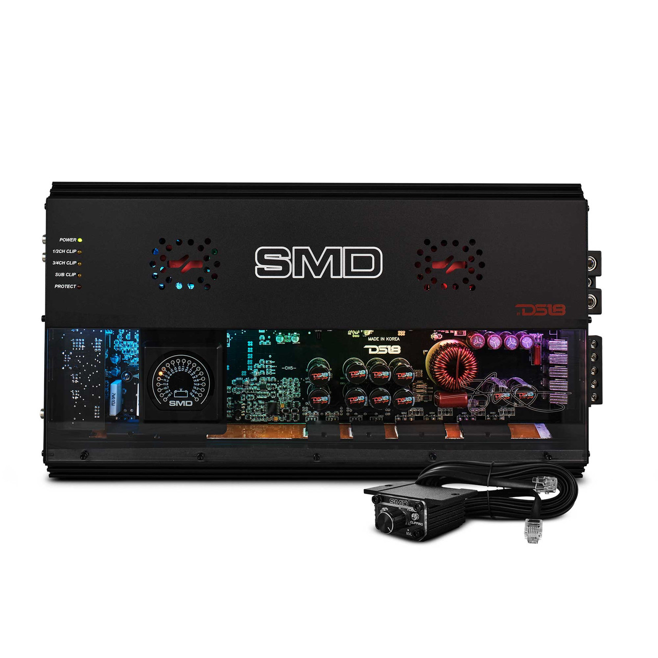 DS18 SMD-2800.5 - SMD 5-Channel Amplifier with VM-1 Voltmeter and Digital LED Lights 4 x 250W at 2-Ohm Class AB + 1 x 1800W at 1-Ohm Class D - Steve Meade Designs