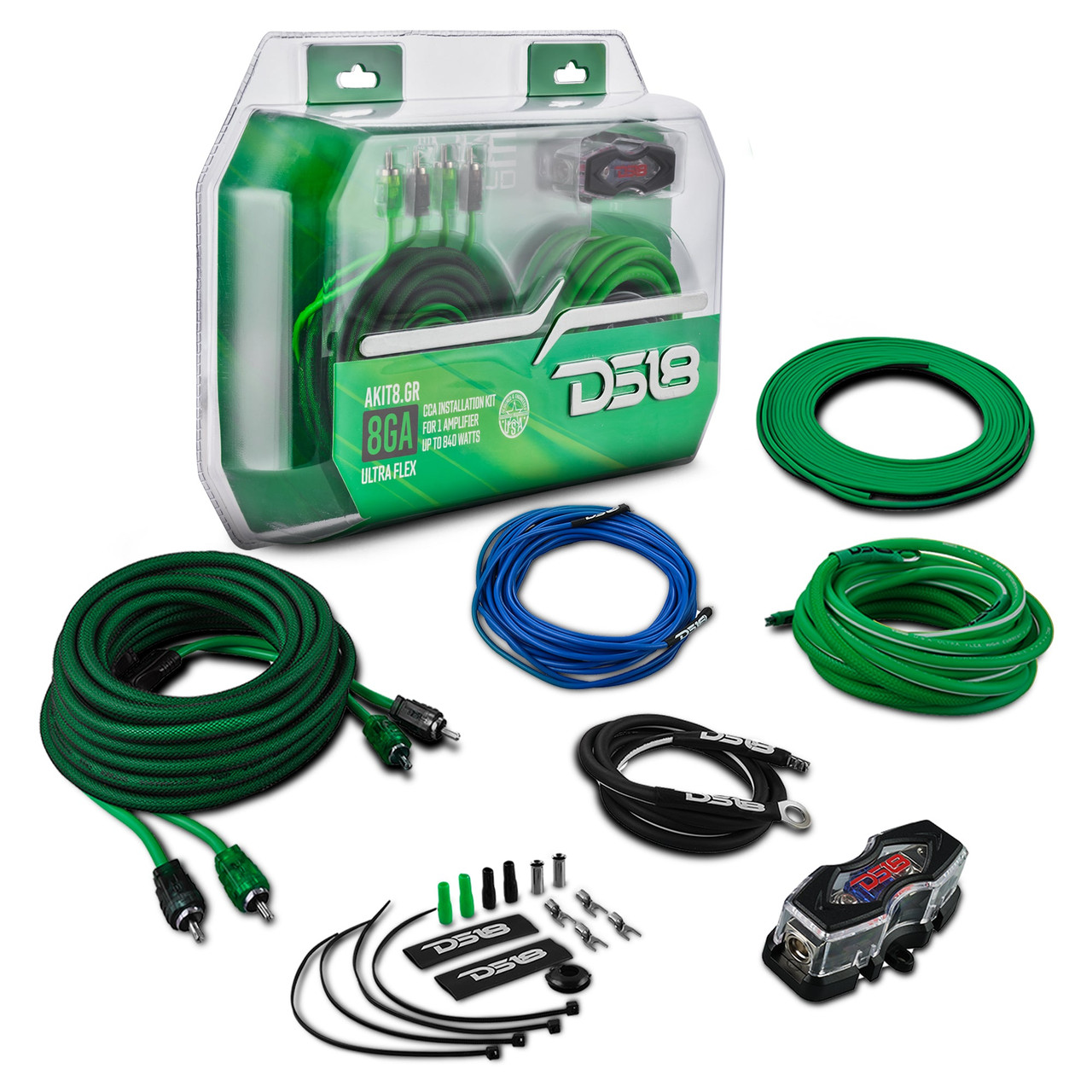 DS18 AKIT8.GR - 8-GA Amplifier Installation Wiring Kit - Green