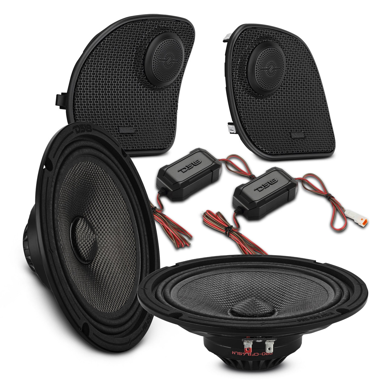 DS18 PRO-CF6.4SLN.2pk + NVY-HDGRGTW.1423LD - Harley-Davidson Road Glide 2014–2023 Front Stage Audio Upgrade Kit | 6.5" Slim Midrange Speakers + Bullet Tweeter NVY Grilles