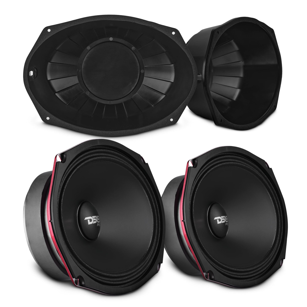DS18 RY-HD69BAFFLE + PRO-SM69.2.2pk - 6x9” Motorcycle Audio Bundle – Shallow Water-Resistant Midrange Loudspeakers + Sealed ABS Baffles (Pair) | High Output, Easy Install