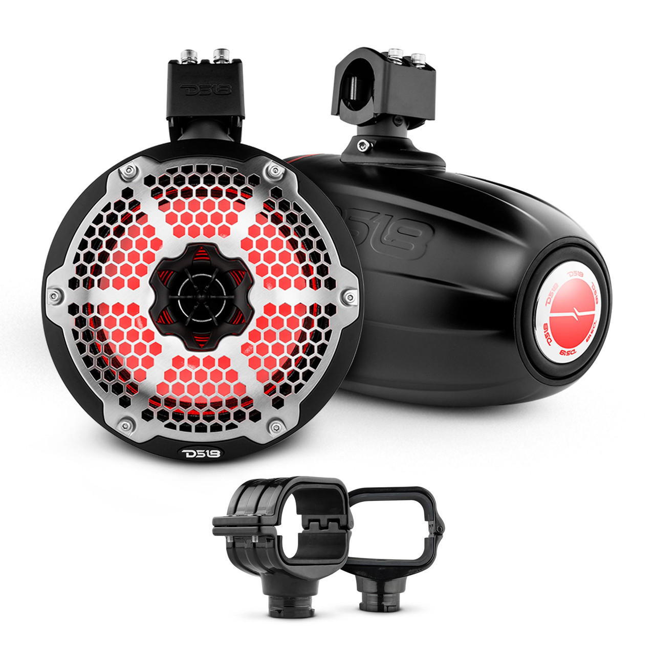 DS18 BRO-CLPX/BK + NXL-X8TPNEO/BK - Bronco 6th Gen Roll Bar Audio Bundle – 8" Marine Tower Speakers with RGB LED Lights and OEM Roll Bar Mounting Clamps
