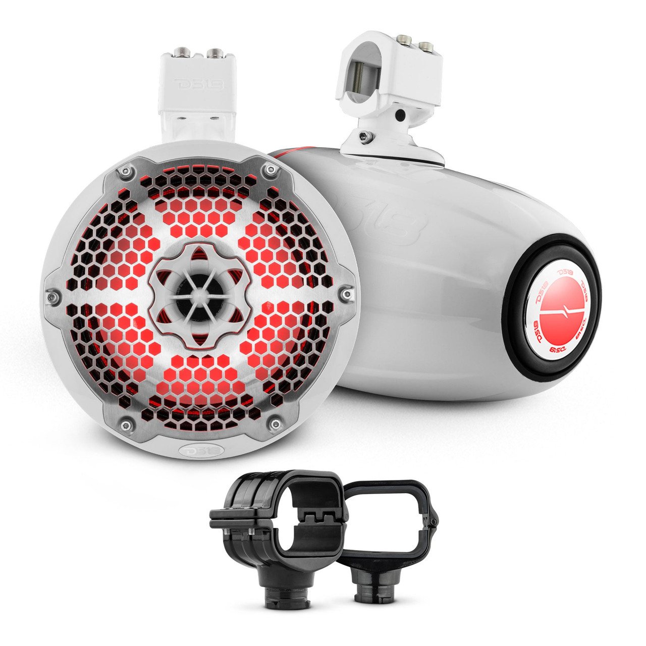 DS18 BRO-CLPX/BK + NXL-X8TPNEO/WH - Bronco 6th Gen Roll Bar Audio Bundle – 8" Marine Tower Speakers with RGB LED Lights and OEM Roll Bar Mounting Clamps