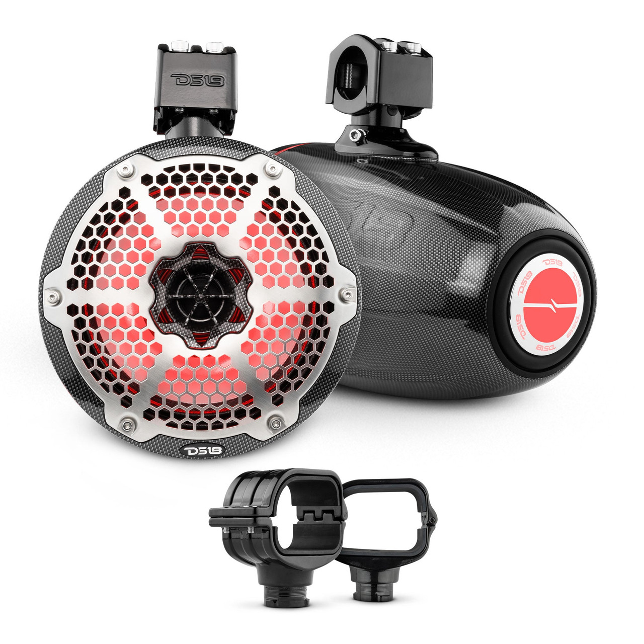 DS18 BRO-CLPX/BK + CF-X8TPNEO - Bronco 6th Gen Roll Bar Audio Bundle – 8" Marine Tower Speakers with RGB LED Lights and OEM Roll Bar Mounting Clamps
