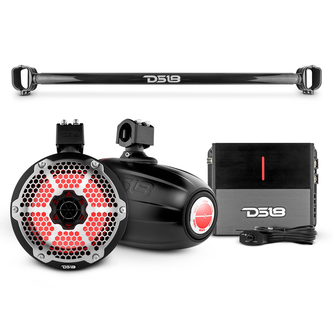 DS18 BRO-TUBE/BK + NXL-X8TPNEO/BK + ION700.2D - Bronco 6th Gen Mounting Tube Bundle with 8" Marine Tower Speakers with RGB LED Lights and Amplifier