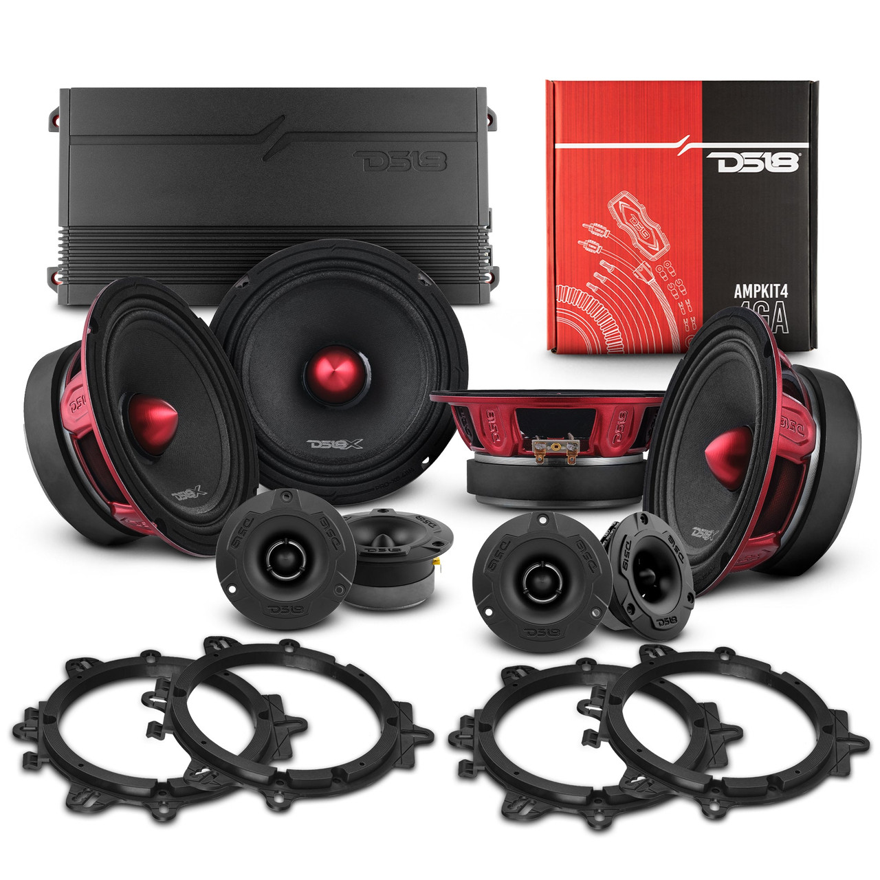 DS18 PKG-PROX62 - Pro Audio Speaker + Tweeter Bundle: 6.5" Midrange Speakers and 3.8" Bullet Tweeters with OEM Speaker Adapters, Amplifier, and Wiring Kit