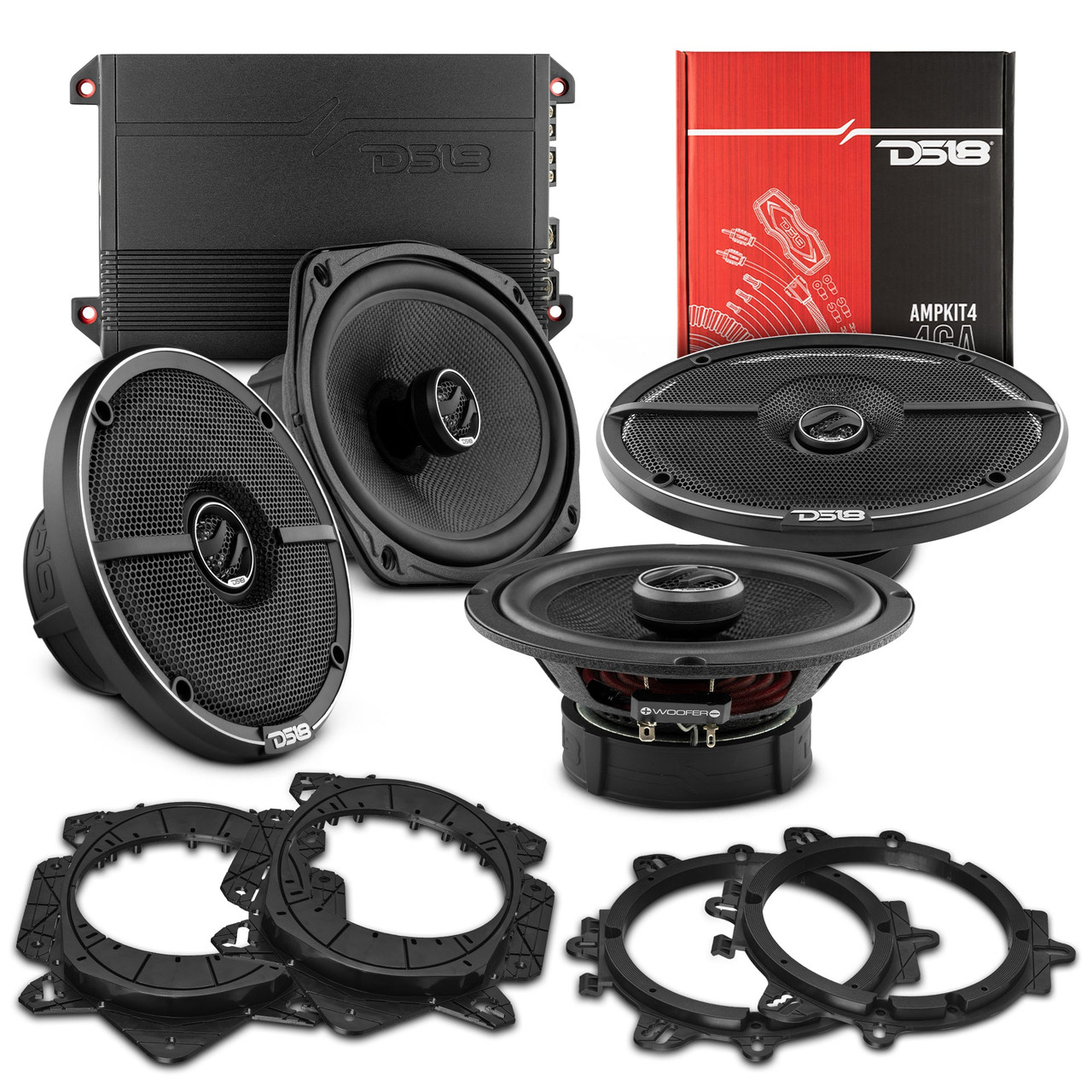 DS18 PKG-ZXI669 - Car Audio Bundle: 6.5" & 6x9" Coaxial Speakers with OEM Speaker Adapters, Amplifier, and Installation Kit