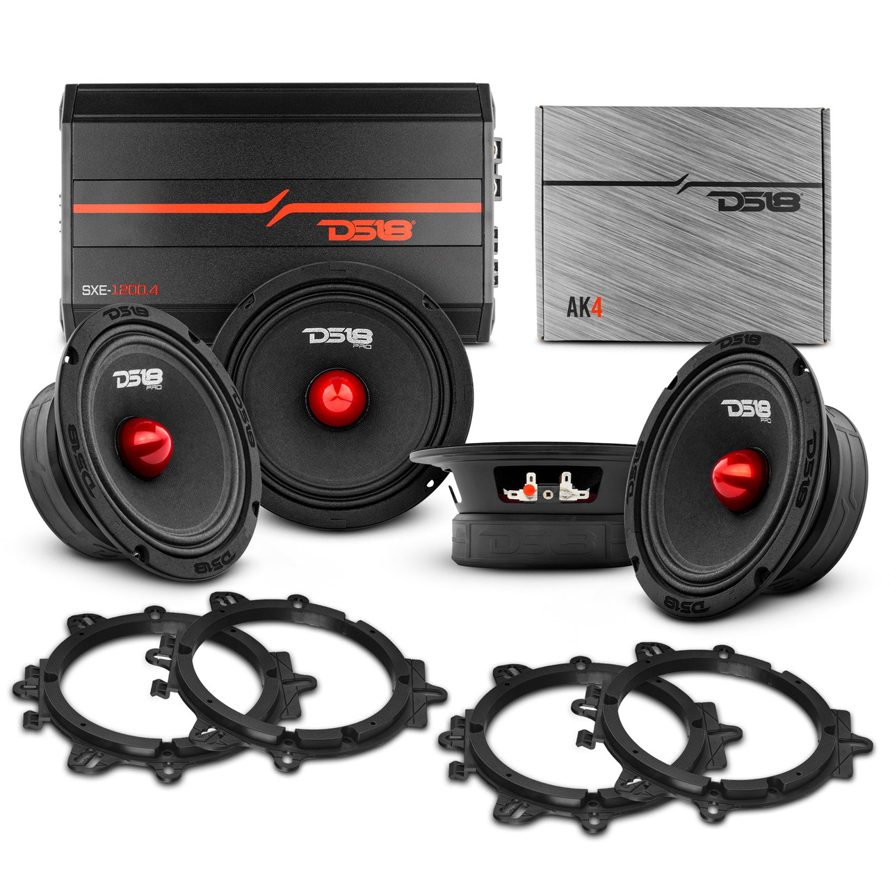 DS18 PKG-PROG64 - Pro Audio Speaker Bundle: 6.5" Midrange Speakers with OEM Speaker Adapters, Amplifier, and Wiring Kit