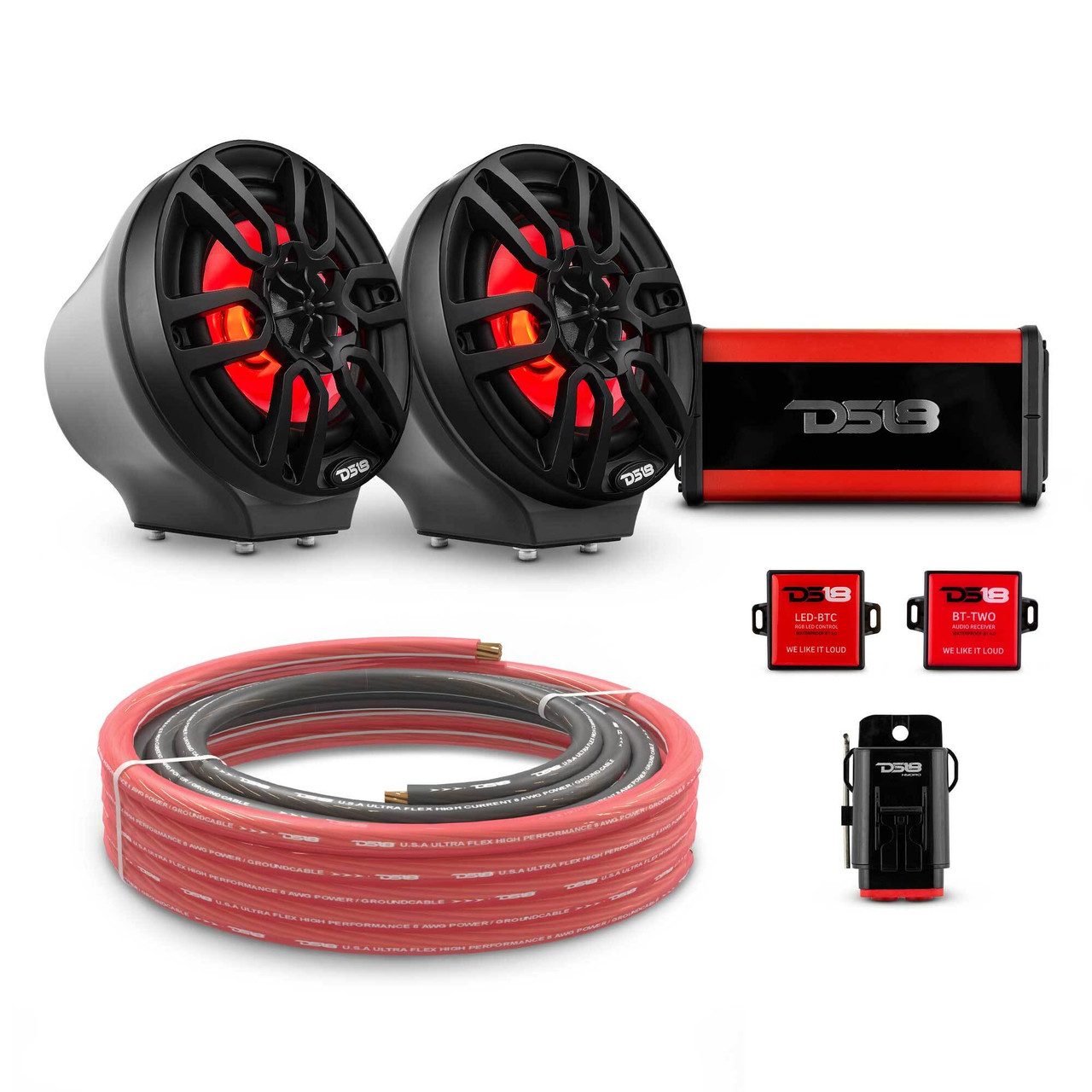 DS18 EN-JS6PKGBK/CF - 6.5" Loaded Flat Mount Speaker Pods with Amplifier, Installation Kit and RGB LED Lights, Package for Can-Am Spyder & Ryker