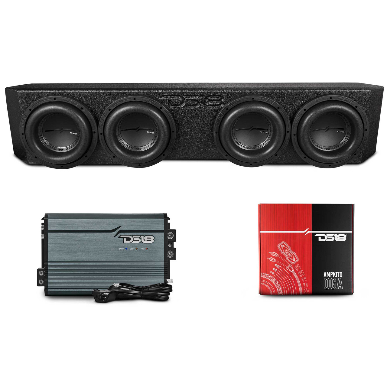 DS18 EBM-FFPGLAD-4X8.LDPKG - 2018-2026 Jeep Gladiator Quadruple 8” Ported Subwoofer Under Seat Enclosure with Amplifier