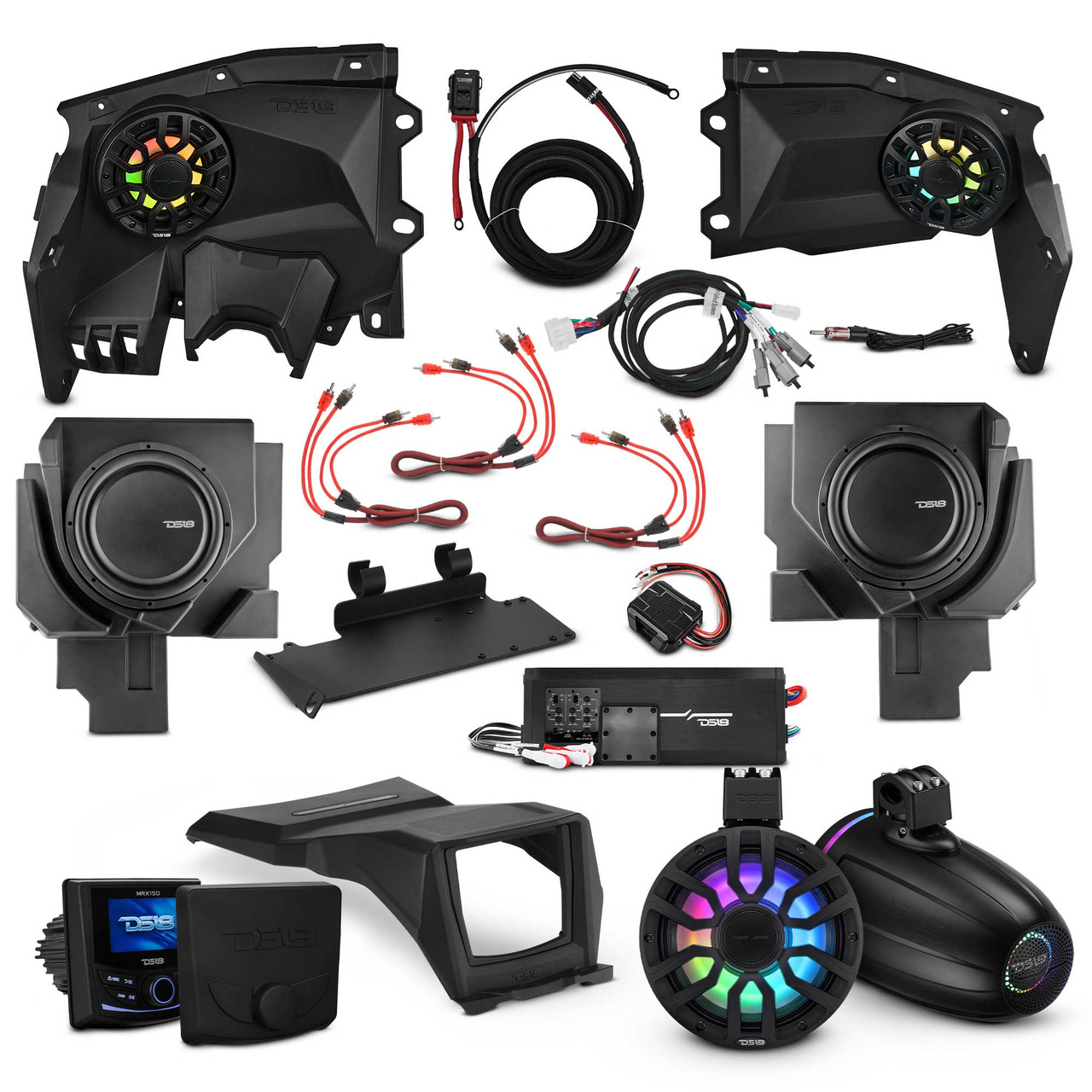 DS18 CAN-AM X3 Package Stage 6 - Can-Am Maverick X3 Stage 6 - Dash Speaker Panels, 8" Neodymium Tower Speakers, Dual 12” Subwoofer, Amplifier, Bluetooth Radio & LED Lights