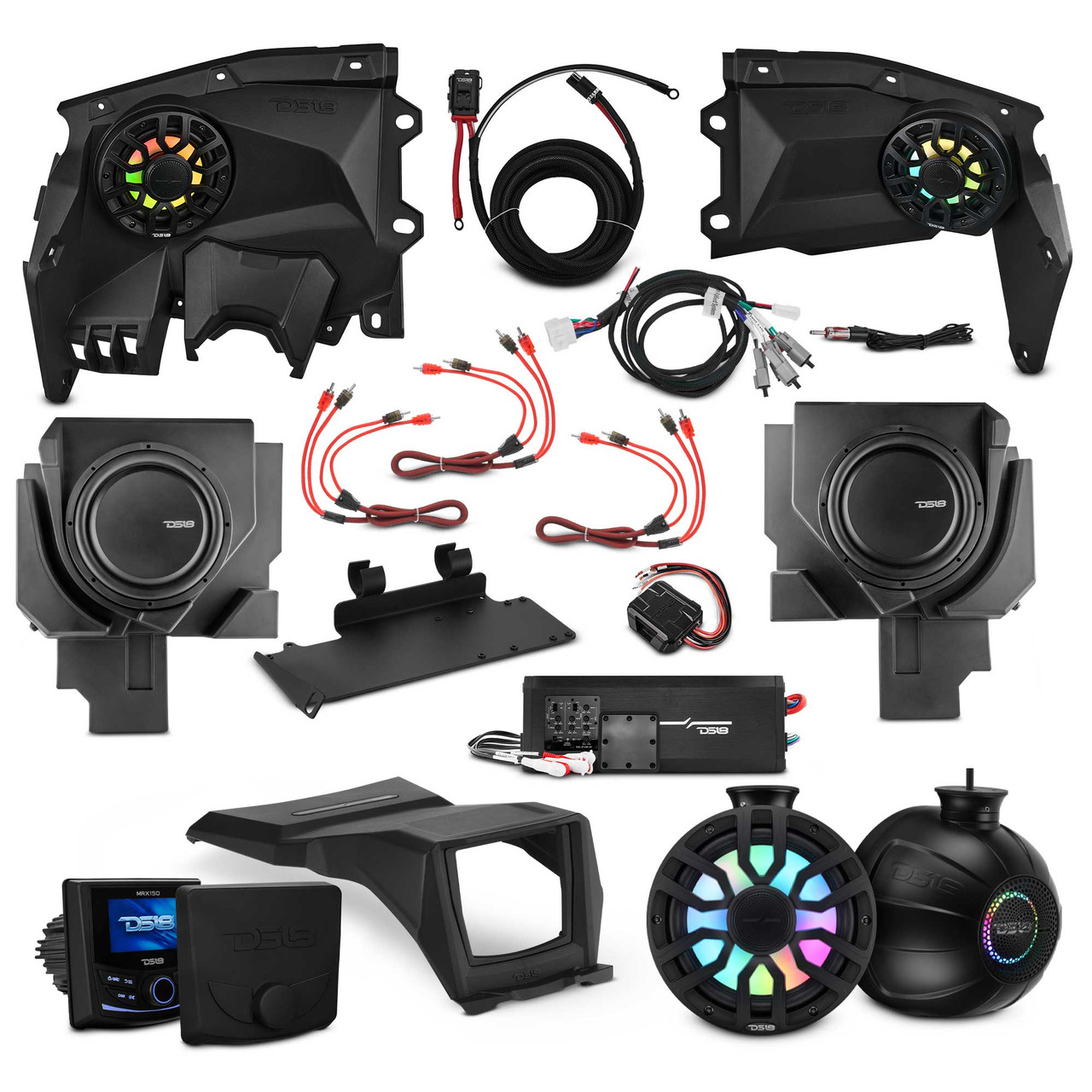 DS18 CAN-AM X3 Package Stage 5 - Can-Am Maverick X3 Stage 5 - Dash Speaker Panels, 8" Tower Speakers, Dual 12” Subwoofer, Amplifier, Bluetooth Radio & LED Lights