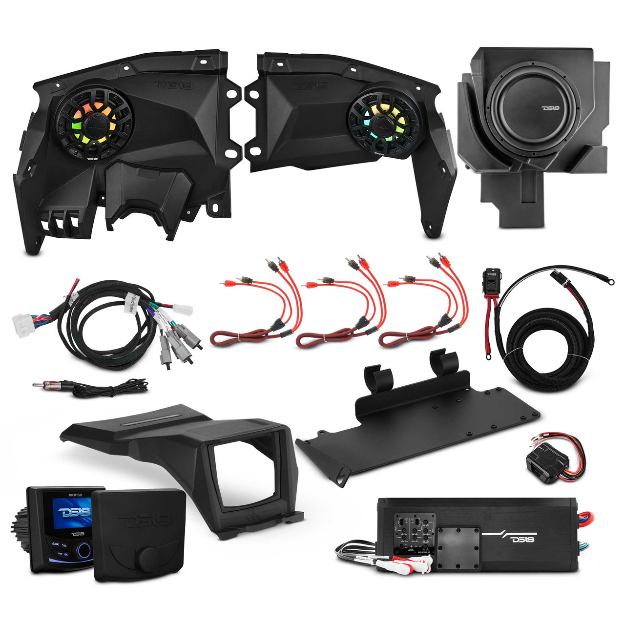 DS18 CAN-AM X3 Package Stage 3 - Can-Am Maverick X3 Stage 3 - Dash Speaker Panels, 12” Subwoofer, Amplifier, Bluetooth Radio & LED Lights