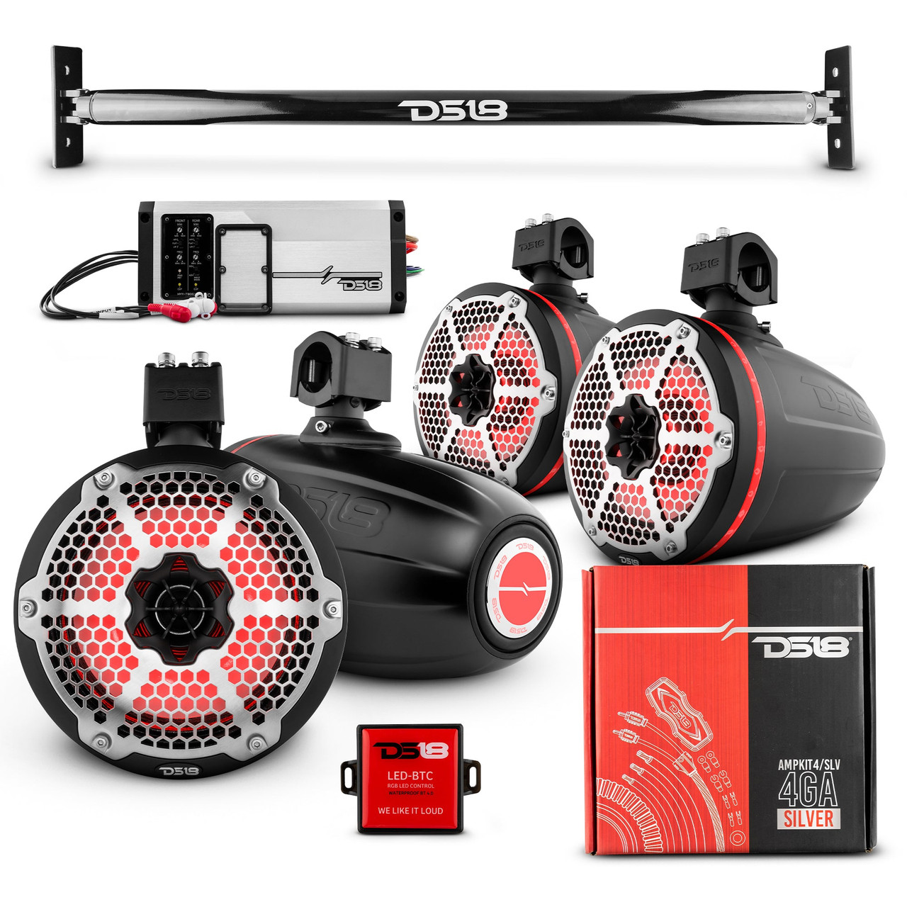 DS18 JL-TUBEPKGBK/CF - JL-TUBE 4x 8" Marine Towers Speakers with RGB LED Lights, 4-Channel Marine Amplifier and AMPKIT for Jeep JL