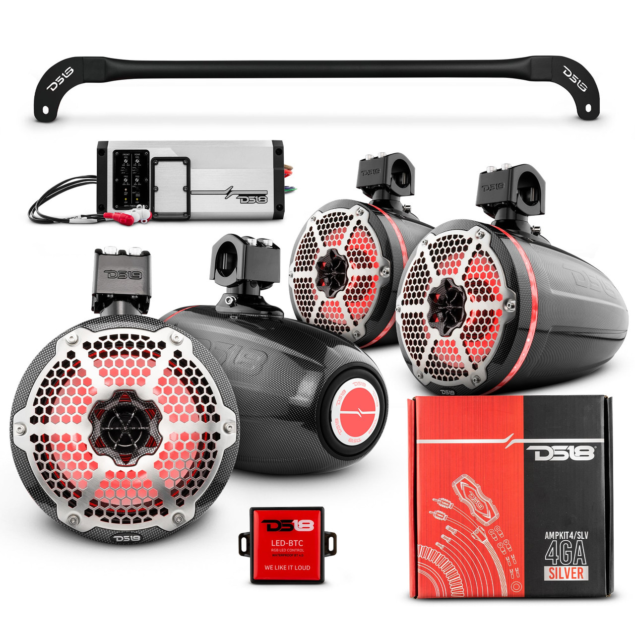 DS18 JL-TUBESOFTPKGRD - JL-TUBESOFT 4x 8" Marine Towers Speakers with RGB LED Lights, 4-Channel Marine Amplifier and AMPKIT for JLU Soft Top