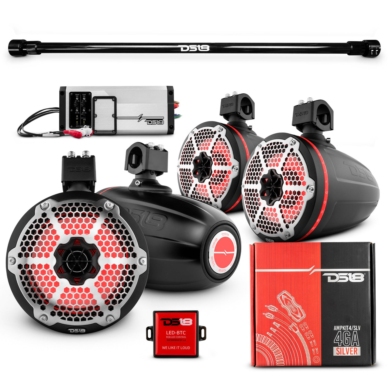 DS18 PU-TUBEPKGWH/CF - PU-TUBE 4x 8" Marine Towers Speakers with RGB LED Lights, 4-Channel Marine Amplifier and AMPKIT for Pick Up & Trucks