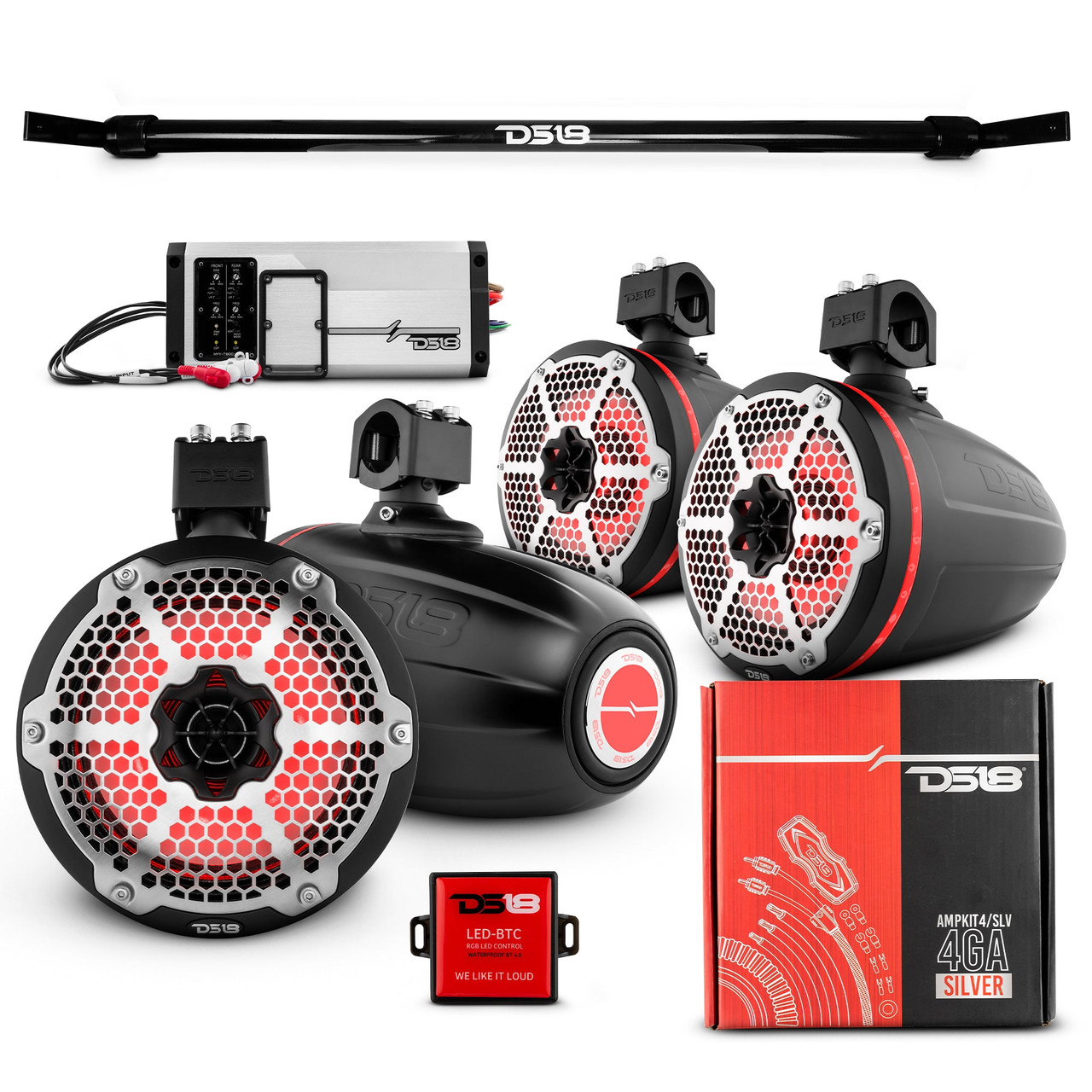 DS18 JT-TUBEPKGWH - JT-TUBE 4x 8" Marine Towers Speakers with RGB LED Lights, 4-Channel Marine Amplifier and AMPKIT for Jeep JT Gladiator