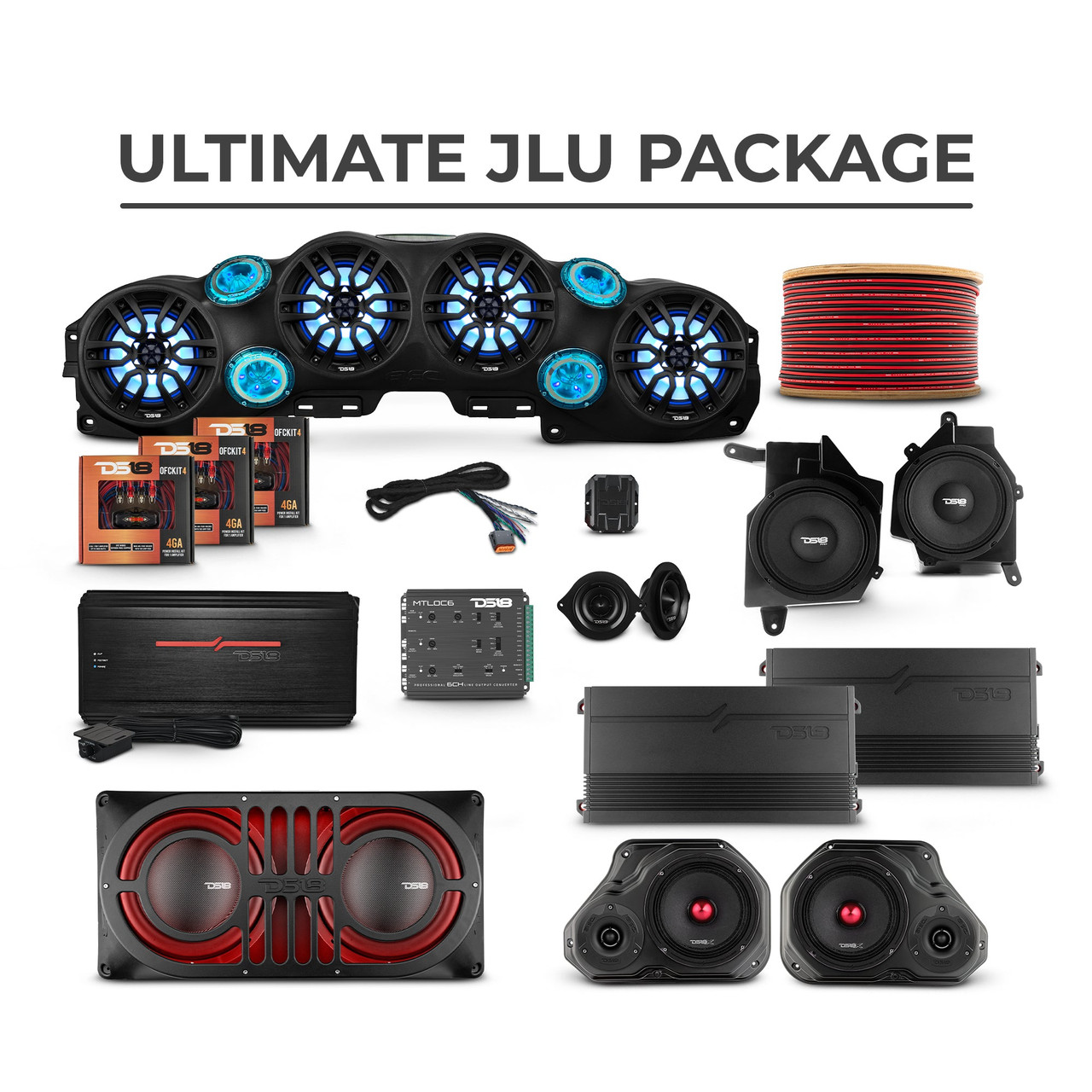 DS18 ULTIMATE JLU PACKAGE - Jeep JLU 2018–2023 Ultimate Package – Loaded Sound Bar, Door Panels, Subwoofers & Amplifiers
