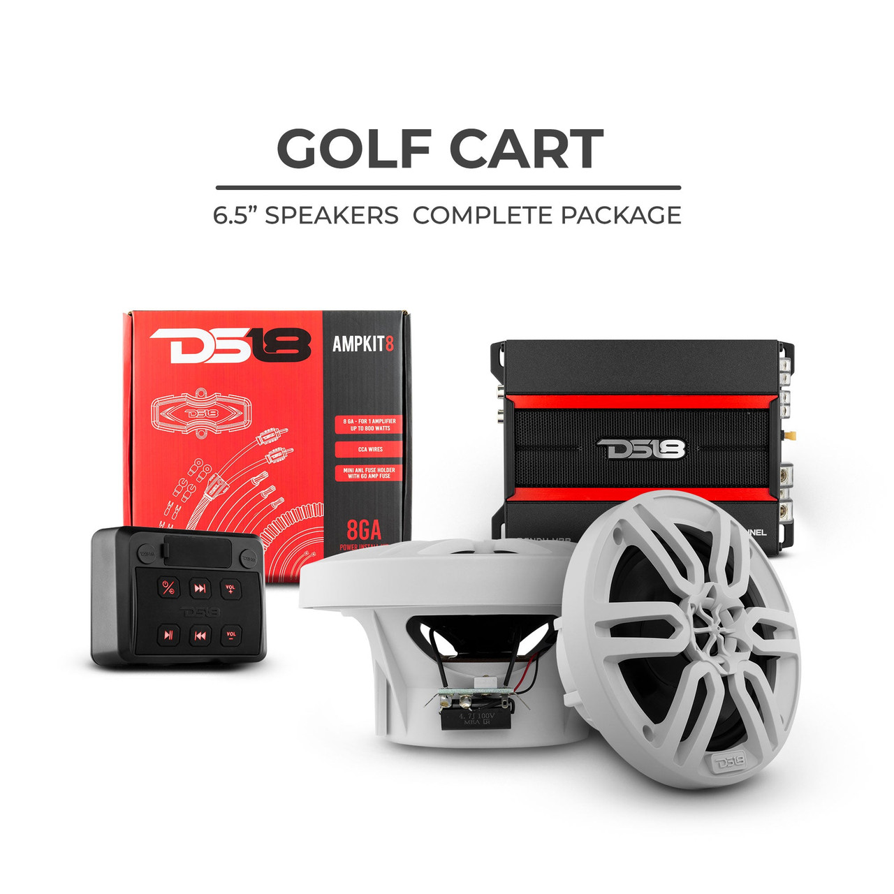 DS18 6.5" Golf cart PKG WH - DS18 Golf Cart Package - 2 x 6.5” Marine Speakers +1 x 2 Ch Amp +1 x AMPKIT8 +1 x ENSBTRC-SQ, BLACK or WHITE.