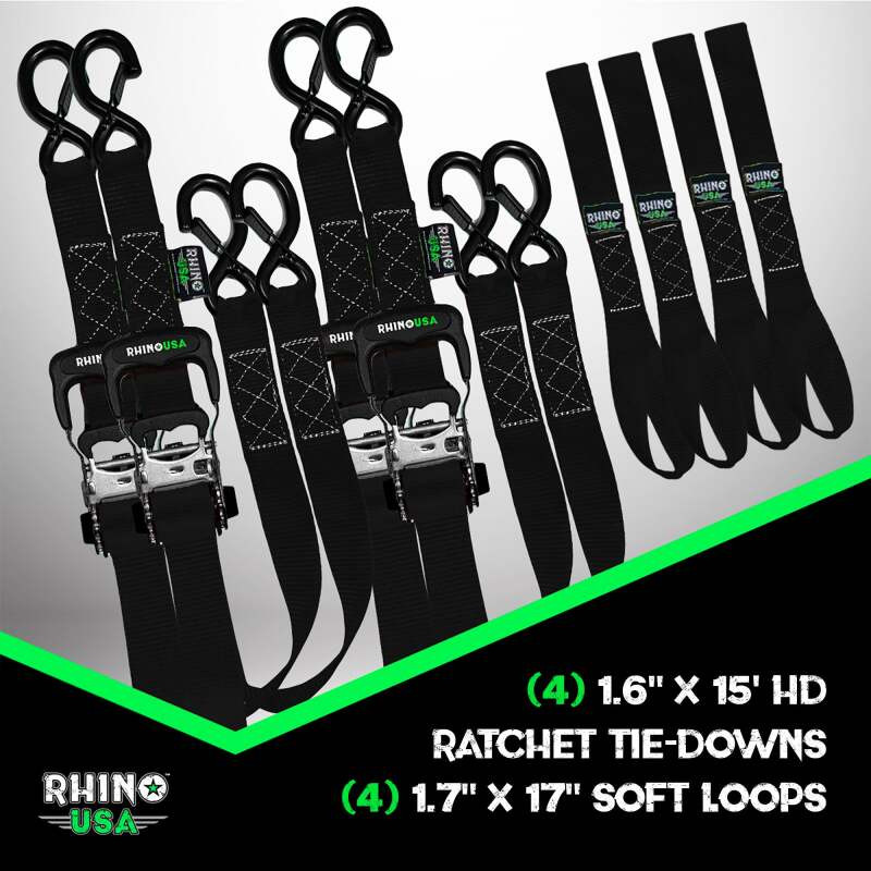 Rhino USA TD-GC1.6X15-BLK Rhino USA Heavy Duty Ratchet Tie-Down 4-Pack Black 1.6In X 15Ft