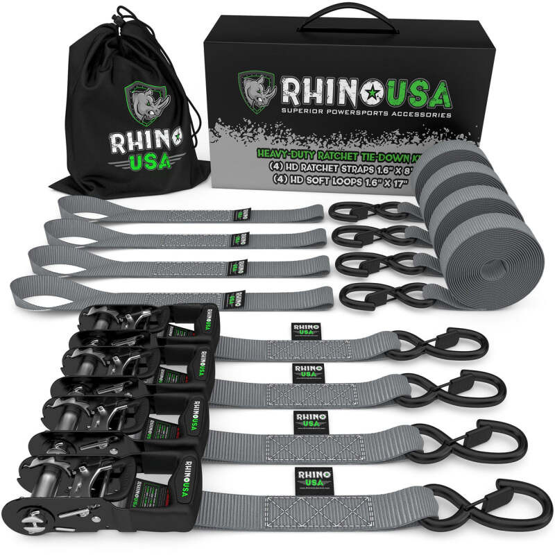 Rhino USA HDKIT-4PK-GRY Rhino USA Heavy Duty Ratchet Tie-Down 4-Pack (Gray) 1.6In X 8Ft