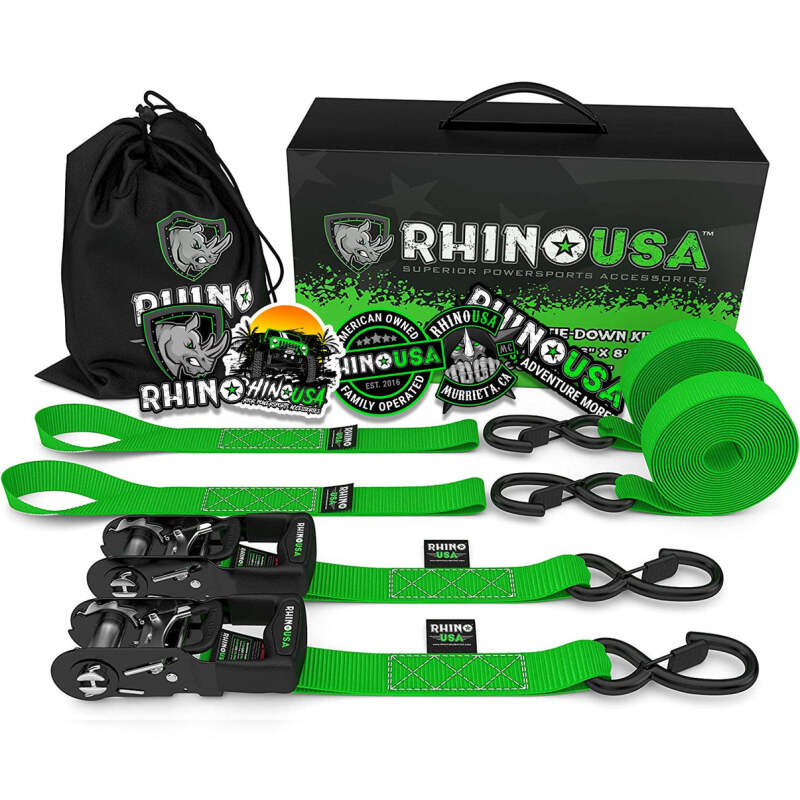 Rhino USA HDKIT-2PK-GRN Rhino USA Heavy Duty Ratchet Tie-Downs 2-Pack (Green) 1.6In X 8Ft