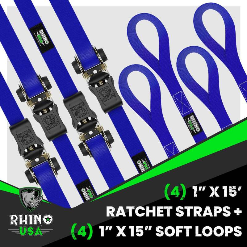 Rhino USA RCHT-4PACK-BLU Rhino USA Medium Duty Ratchet Strap Tie-Down 4-Pack (Blue)