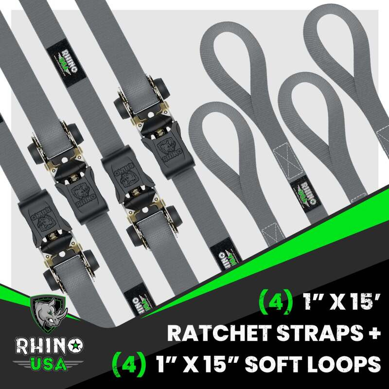 Rhino USA RCHT-4PACK-GRY Rhino USA Medium Duty Ratchet Strap Tie-Down 4-Pack (Gray)