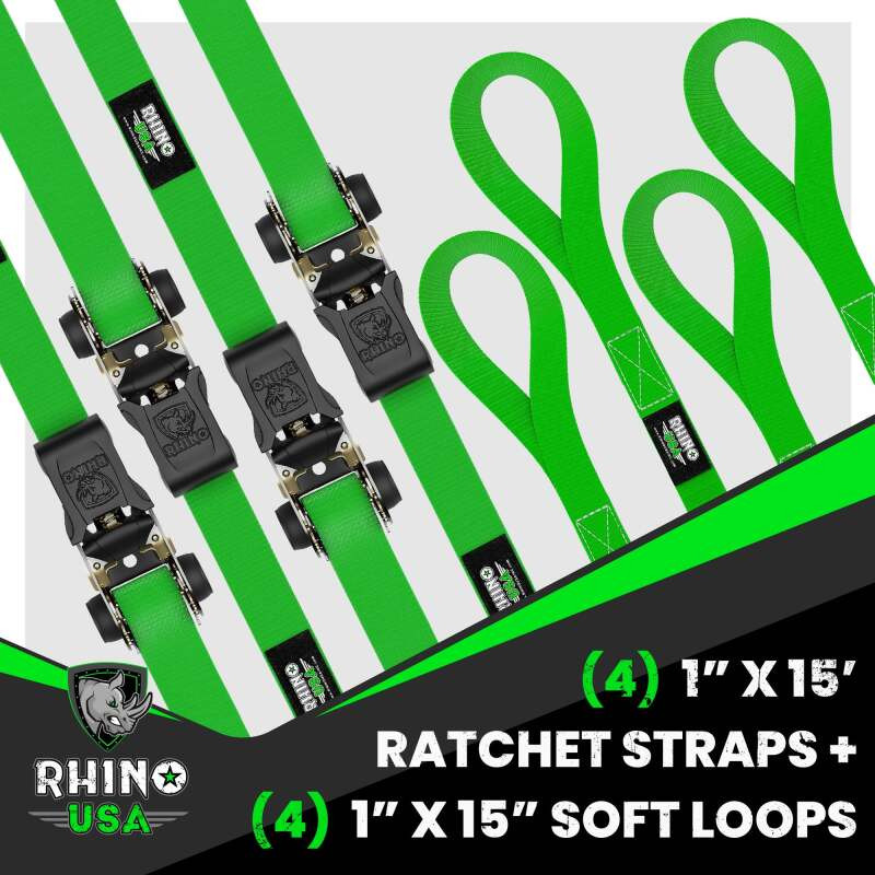 Rhino USA RCHT-4PACK-GRN Rhino USA Medium Duty Ratchet Strap Tie-Down 4-Pack (Green)