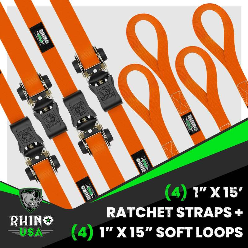 Rhino USA RCHT-4PACK-ORG Rhino USA Medium Duty Ratchet Strap Tie-Down 4-Pack (Orange)