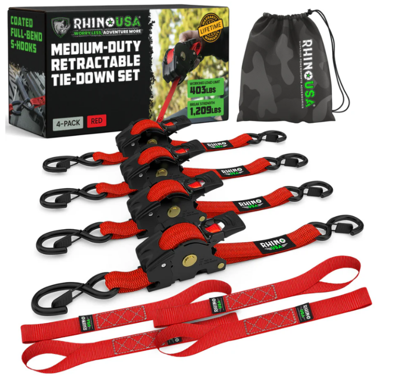 Rhino USA TD-RSRE1X10-RED-R Rhino USA Retractable Ratchet Straps (4Pk 1Inx10Ft) (Red)