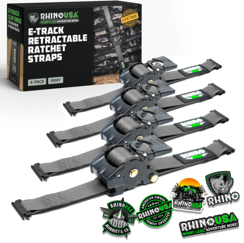 Rhino USA TD-RSRE1X10-2GRY Rhino USA Retractable Ratchet Straps (2Pk 1Inx10Ft) Gray