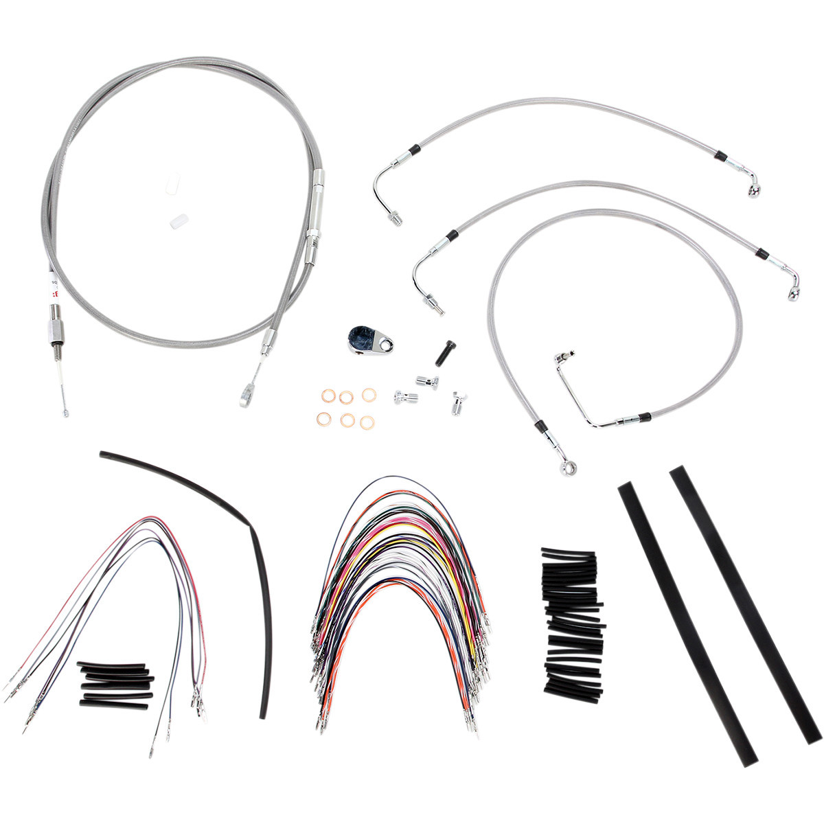 Burly Brand #B30-1091 - Complete Stainless Braided Handlebar Cable/Brake Line Kit - 14" Ape Hangers - '08-'13 Touring