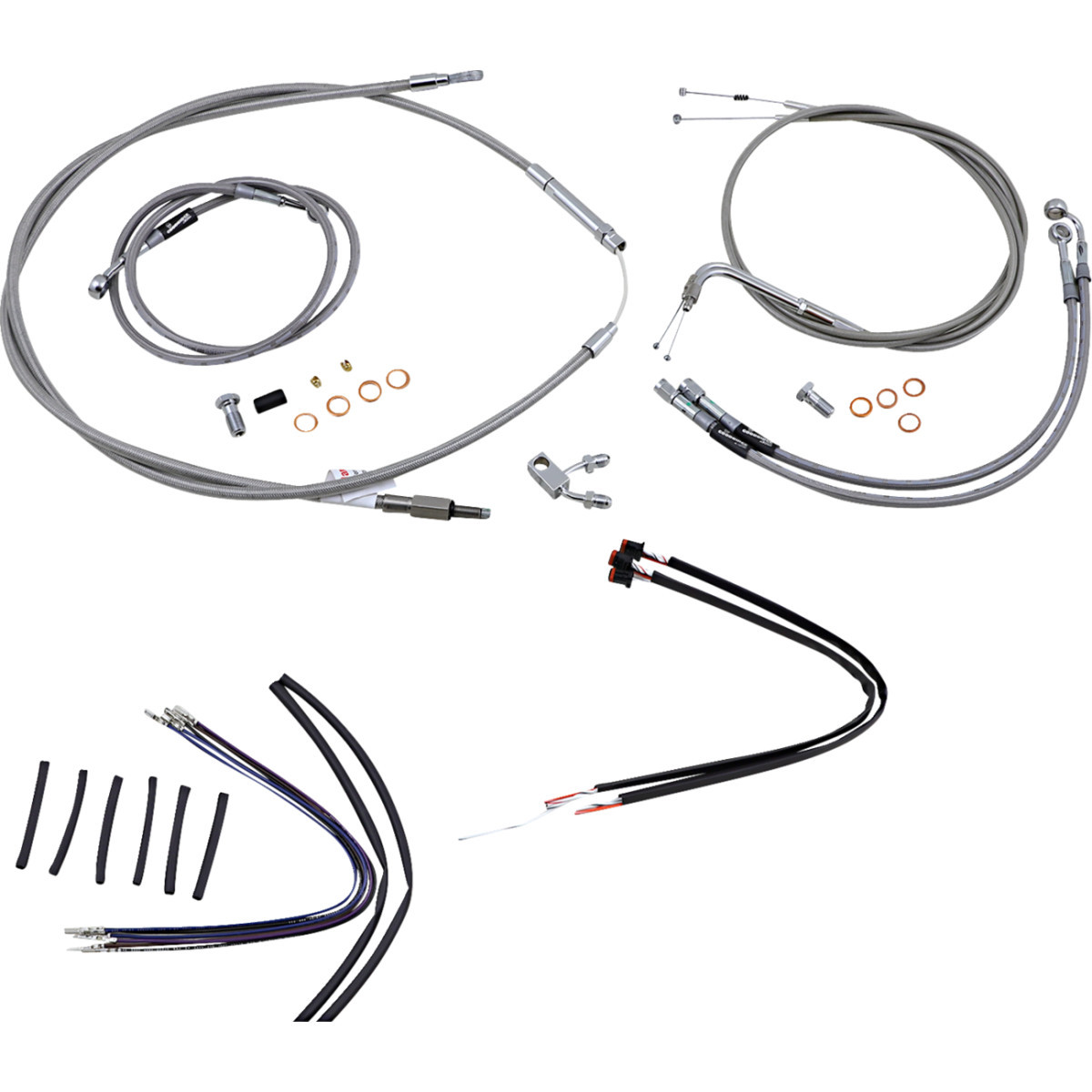 Burly Brand #B30-1127 - Complete Stainless Braided Handlebar Cable/Brake Line Kit - 14" Ape Hangers - '11-'15 Softail
