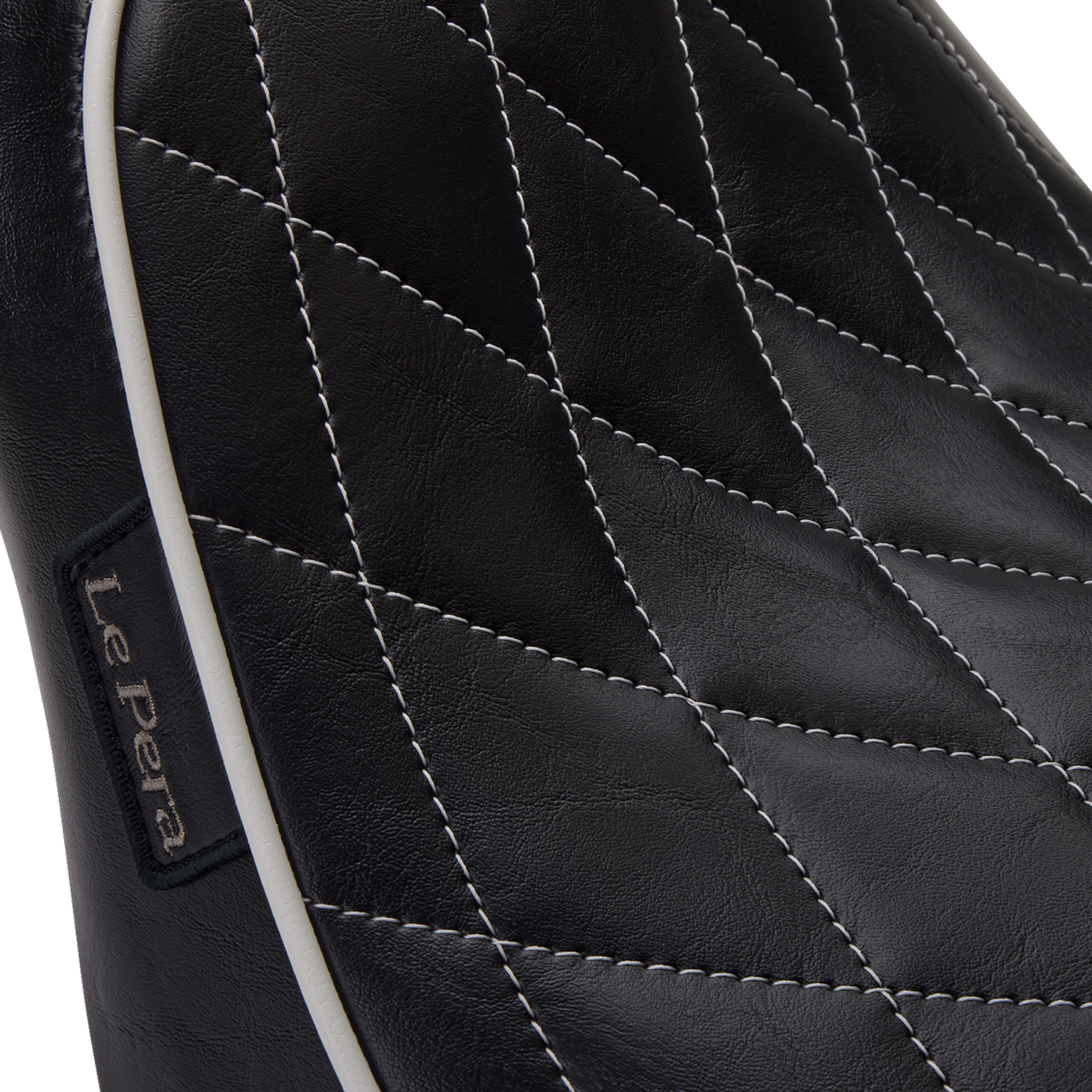 Le Pera #LYX-007DMWTP - Bare Bones Solo Seat - Diamond Stitch w/ White Stitching/Piping - Black - Softail '18-'23