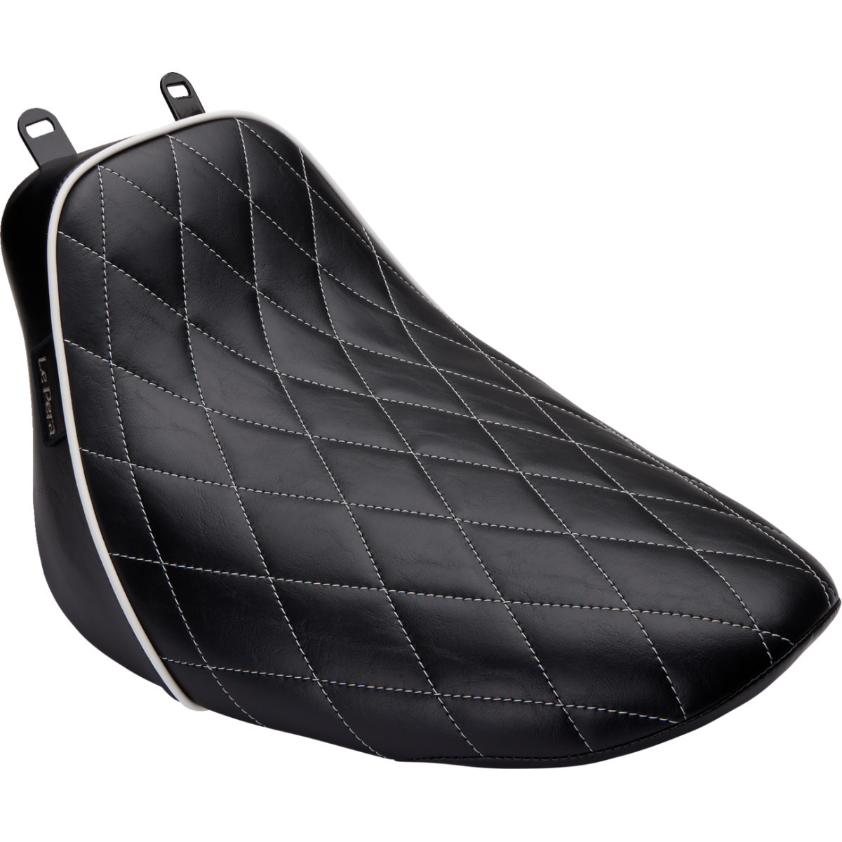 LE Pera #LYX-007DMWTP - Bare Bones Solo Seat - Diamond Stitch w/ White Stitching/Piping - Black - Softail '18-'23