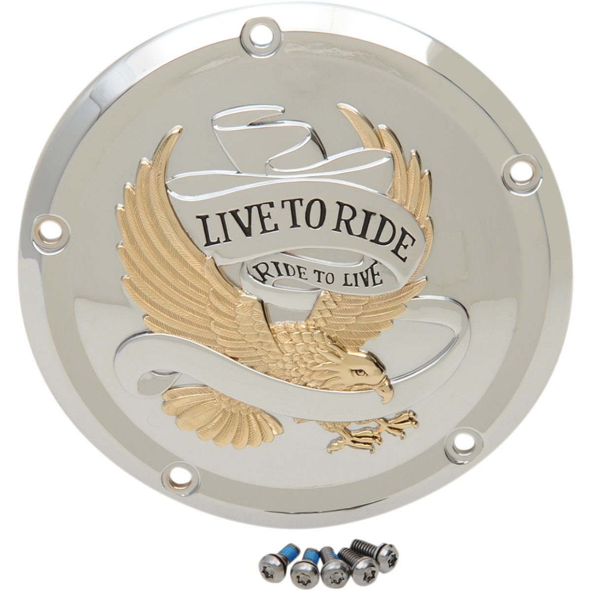 Drag Specialties - Derby Cover - Live to Ride - 5-Hole - Chrome w/Gold Eagle - '15-'25 Harley-Davidson