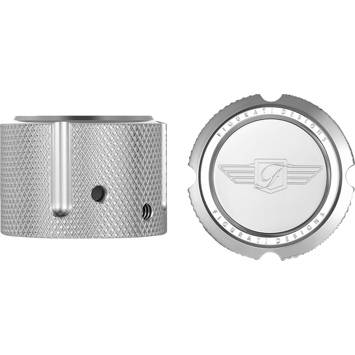 Figurati Designs #FD01-FAC-SS - Axle Nut Cover - Front - Stainless Steel - Figurati Designs Logo - Silver