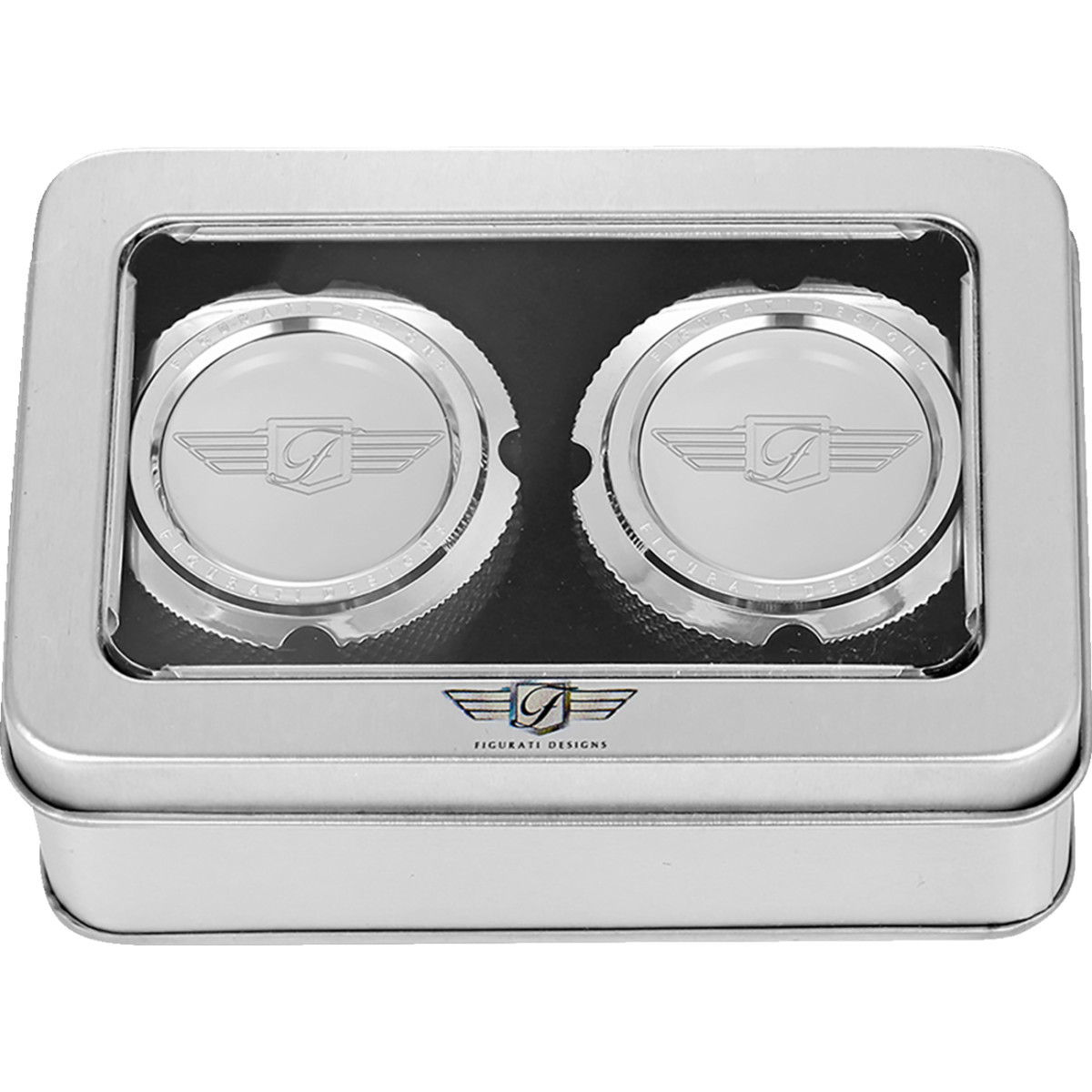 Figurati Designs #FD01-FAC-SS - Axle Nut Cover - Front - Stainless Steel - Figurati Designs Logo - Silver