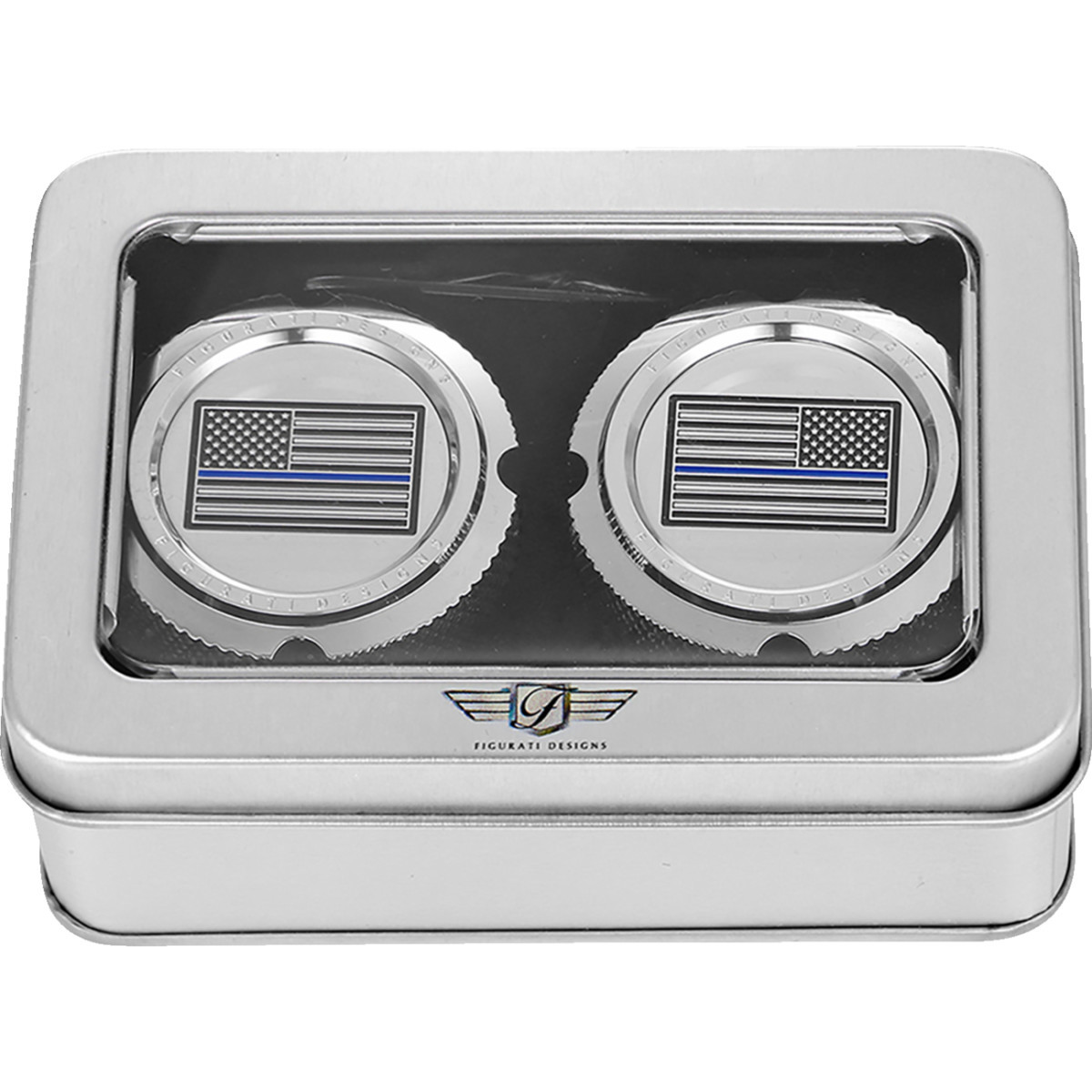 Figurati Designs #FD70-FAC-SS - Axle Nut Cover - Front - Stainless Steel - Blue Line Flag - Silver