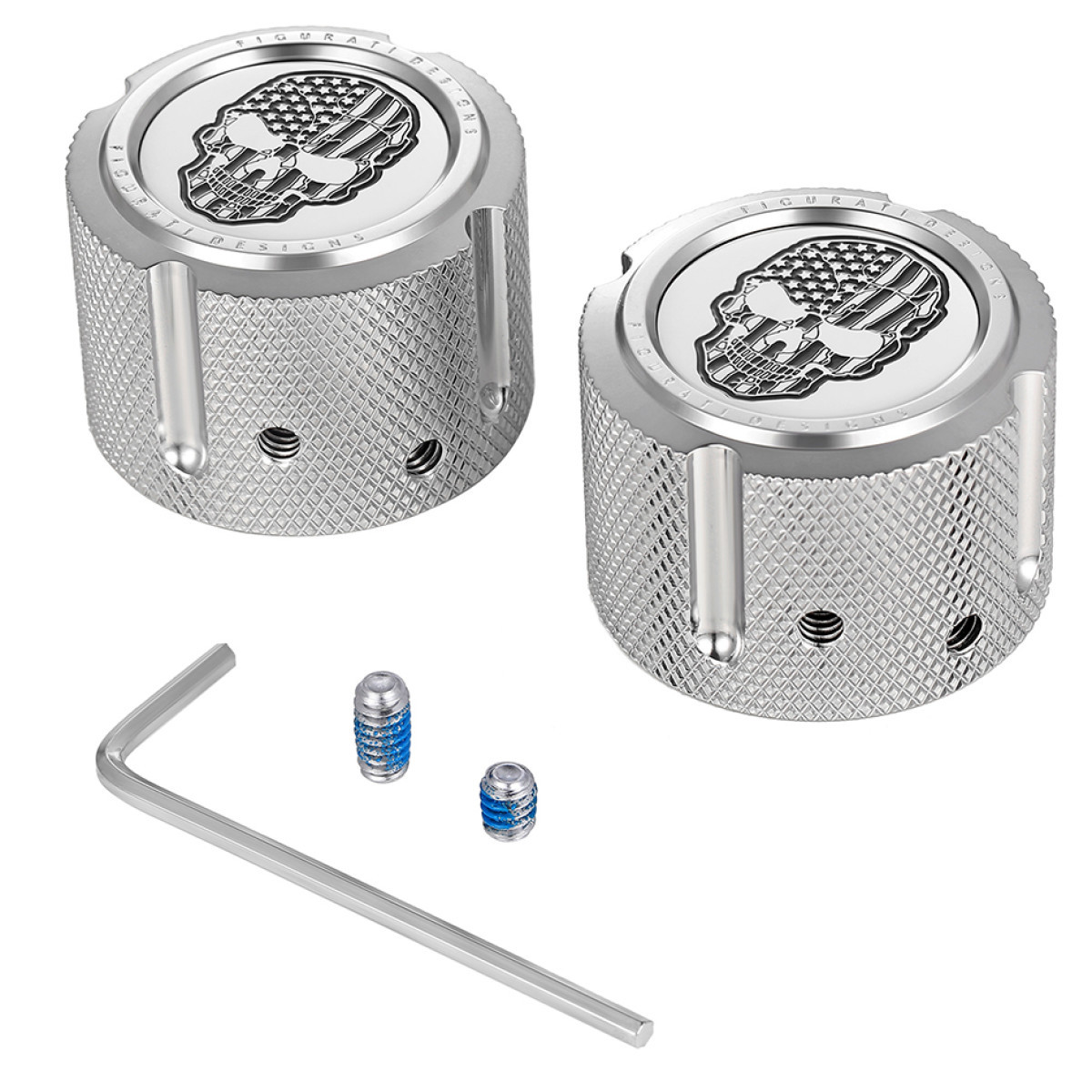 Figurati Designs #FD27-FAC-SS - Axle Nut Cover - Front - Stainless Steel - American Flag Skull - Contrast Cut - Silver