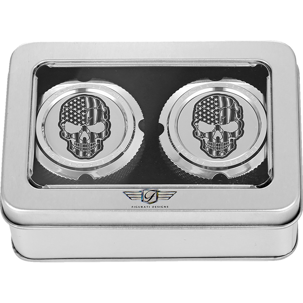 Figurati Designs #FD27-FAC-SS - Axle Nut Cover - Front - Stainless Steel - American Flag Skull - Contrast Cut - Silver
