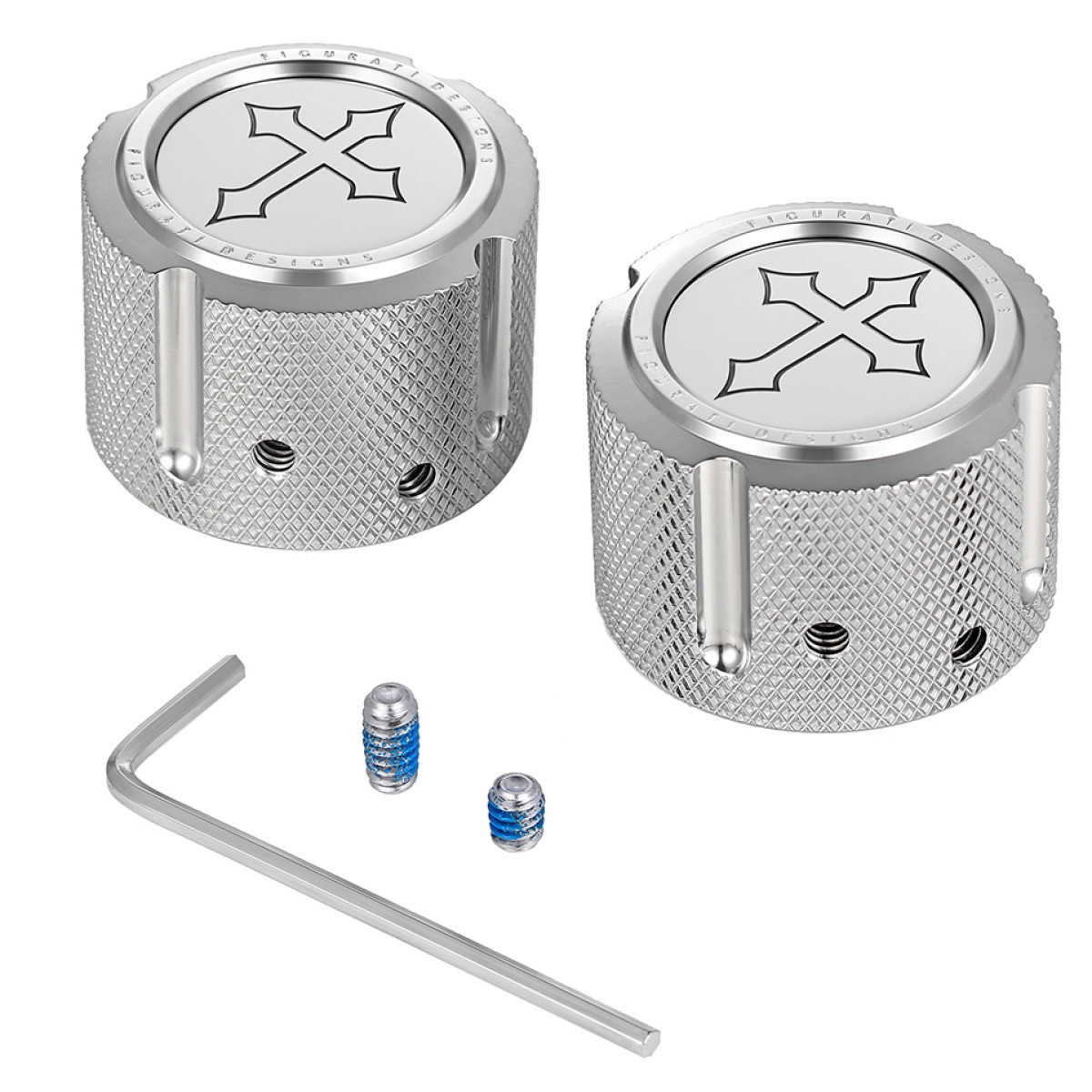 Figurati Designs #FD41-FAC-SS - Axle Nut Cover - Front - Stainless Steel - Cross - Silver