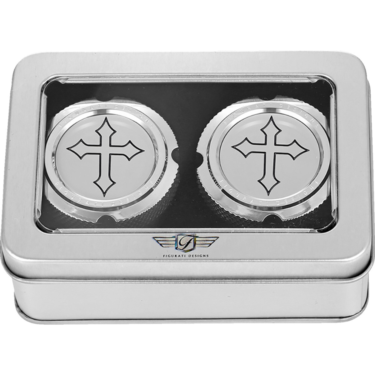 Figurati Designs #FD41-FAC-SS - Axle Nut Cover - Front - Stainless Steel - Cross - Silver