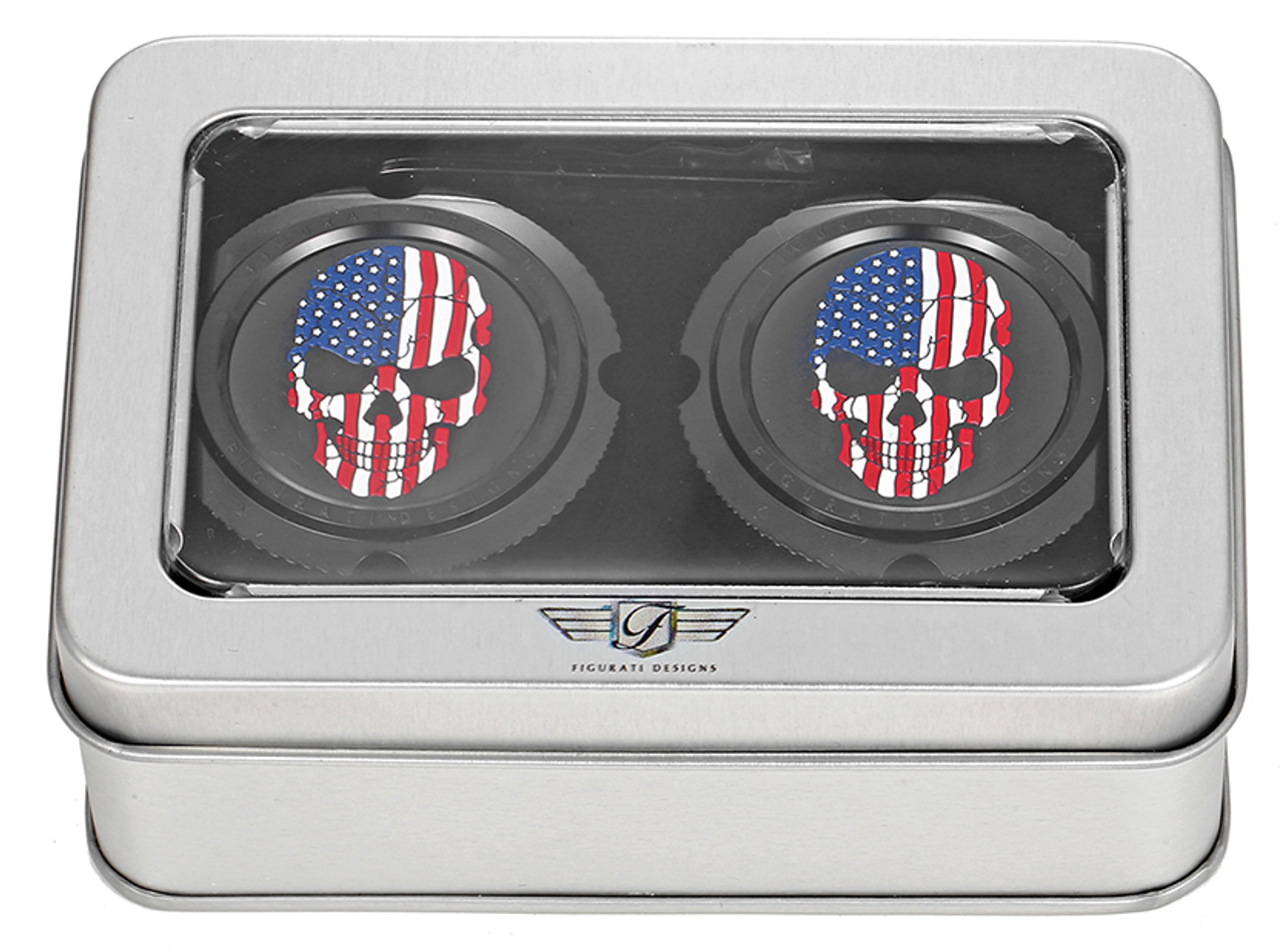 Figurati Designs Axle Nut Cover - Front - Stainless Steel - Red/White/Blue Flag Skull - Black (#FD25-FAC-BK)